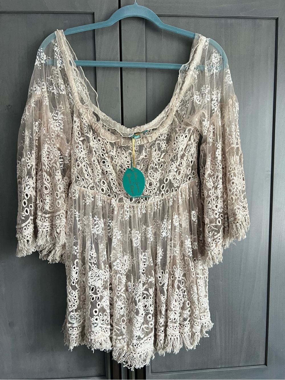 Antica Santoria Boho Lace Fringe Mini Dress/Beach Coverups with Bell Sleeves